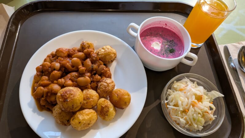 LIDOで注文した一食分のごはん。主食のじゃがいもに豆のトマト煮、コールスローサラダ、冷静ビーツスープ、オレンジジュース。